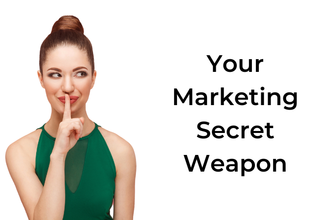 Women with finger on her lips. Words Your marketing secret weapon